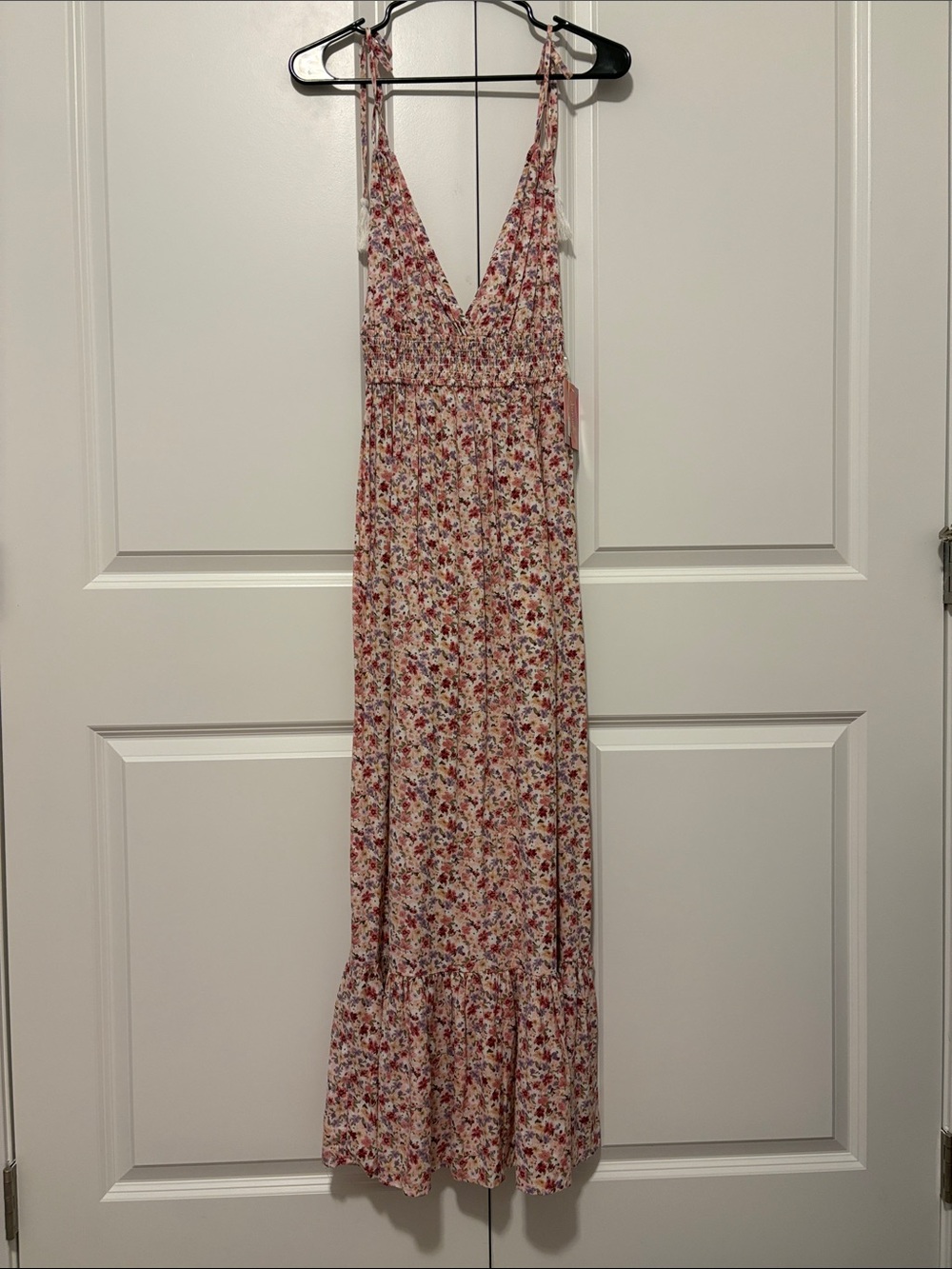 Inspired Hearts Pink Floral Smocked V‑Neck Maxi Dress
